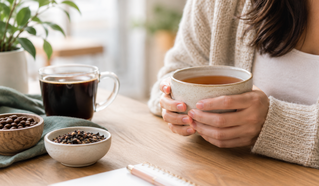 Woman holding a mug of tea at a wooden table with coffee, spices, and a plant in a cosy setting