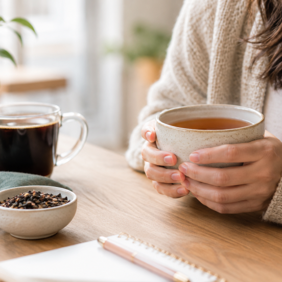 Woman holding a mug of tea at a wooden table with coffee, spices, and a plant in a cosy setting