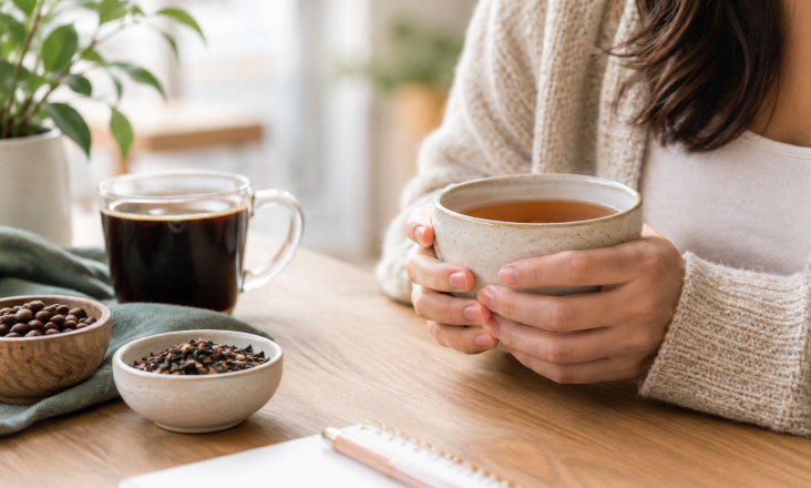 Woman holding a mug of tea at a wooden table with coffee, spices, and a plant in a cosy setting