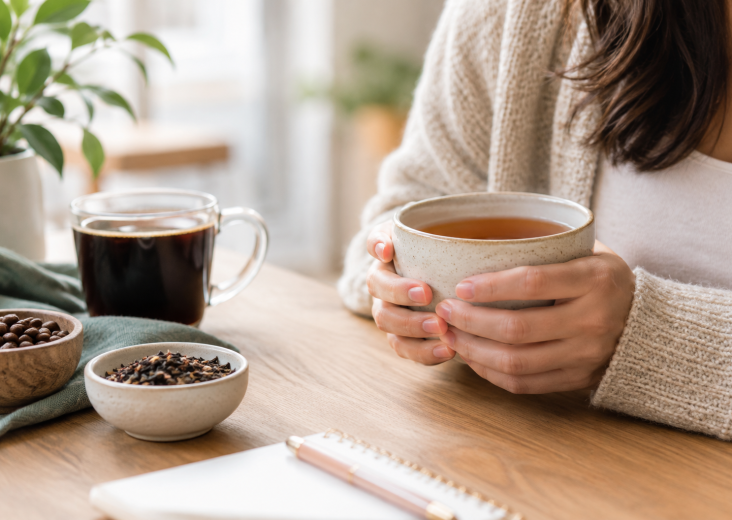 Woman holding a mug of tea at a wooden table with coffee, spices, and a plant in a cosy setting