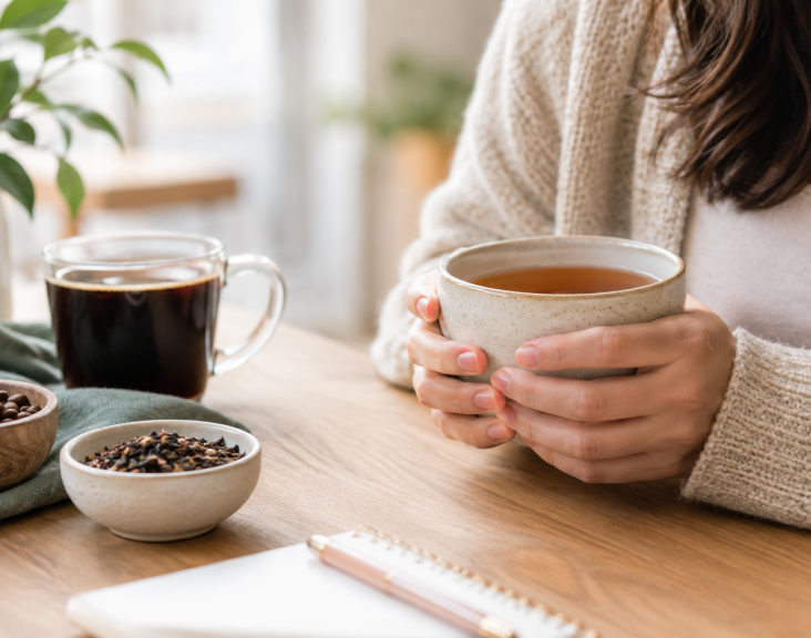 Woman holding a mug of tea at a wooden table with coffee, spices, and a plant in a cosy setting