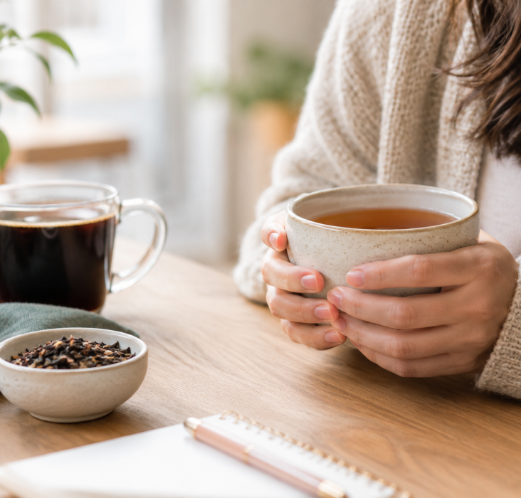 Woman holding a mug of tea at a wooden table with coffee, spices, and a plant in a cosy setting