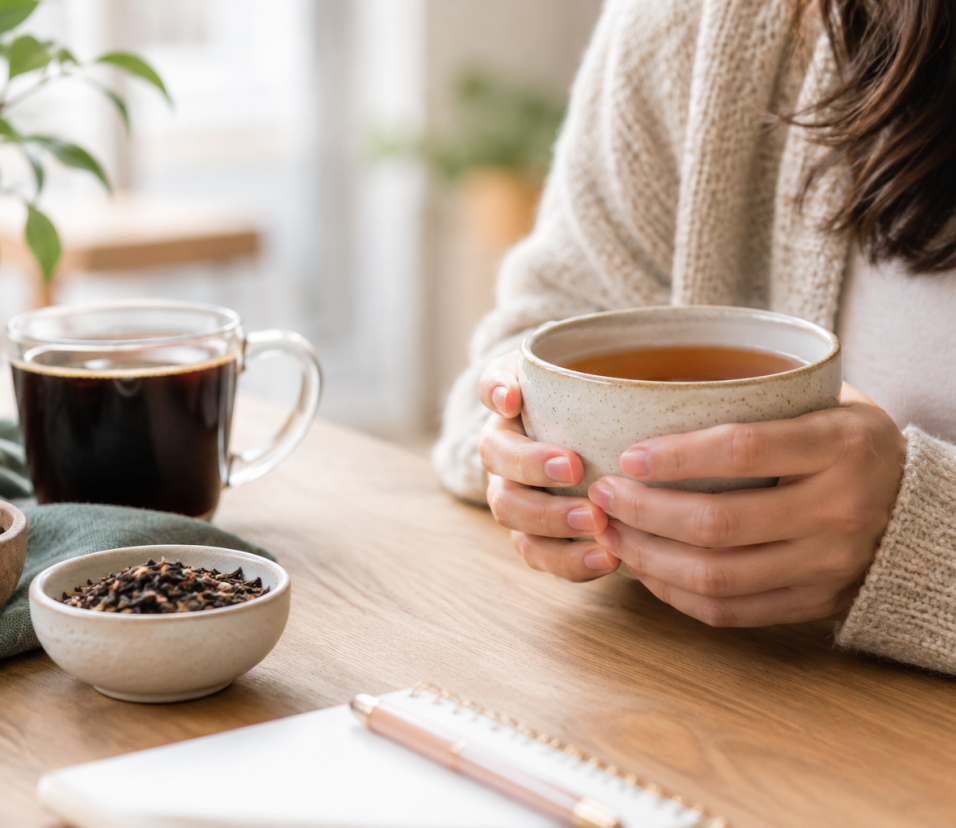 Woman holding a mug of tea at a wooden table with coffee, spices, and a plant in a cosy setting