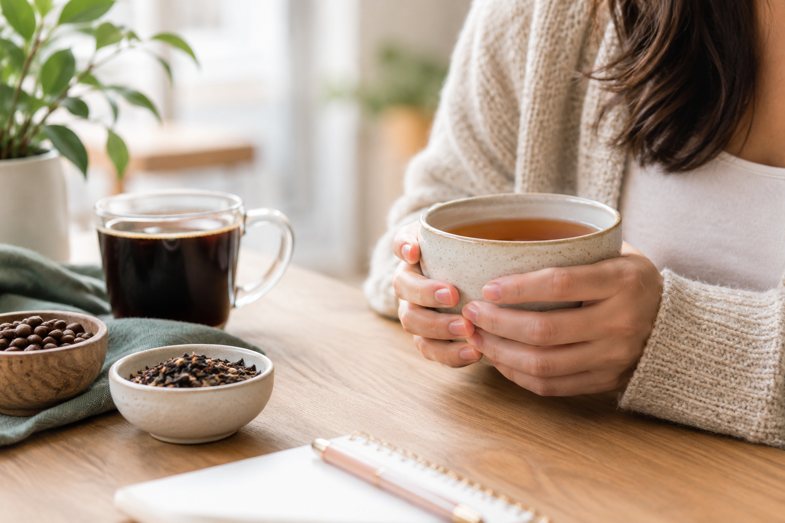 Woman holding a mug of tea at a wooden table with coffee, spices, and a plant in a cosy setting
